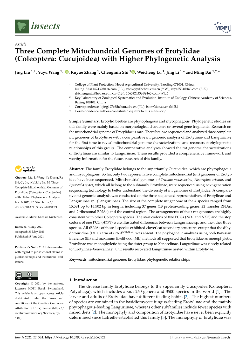 Three Complete Mitochondrial Genomes of Erotylidae (Coleoptera: Cucujoidea) with Higher Phylogenetic Analysis