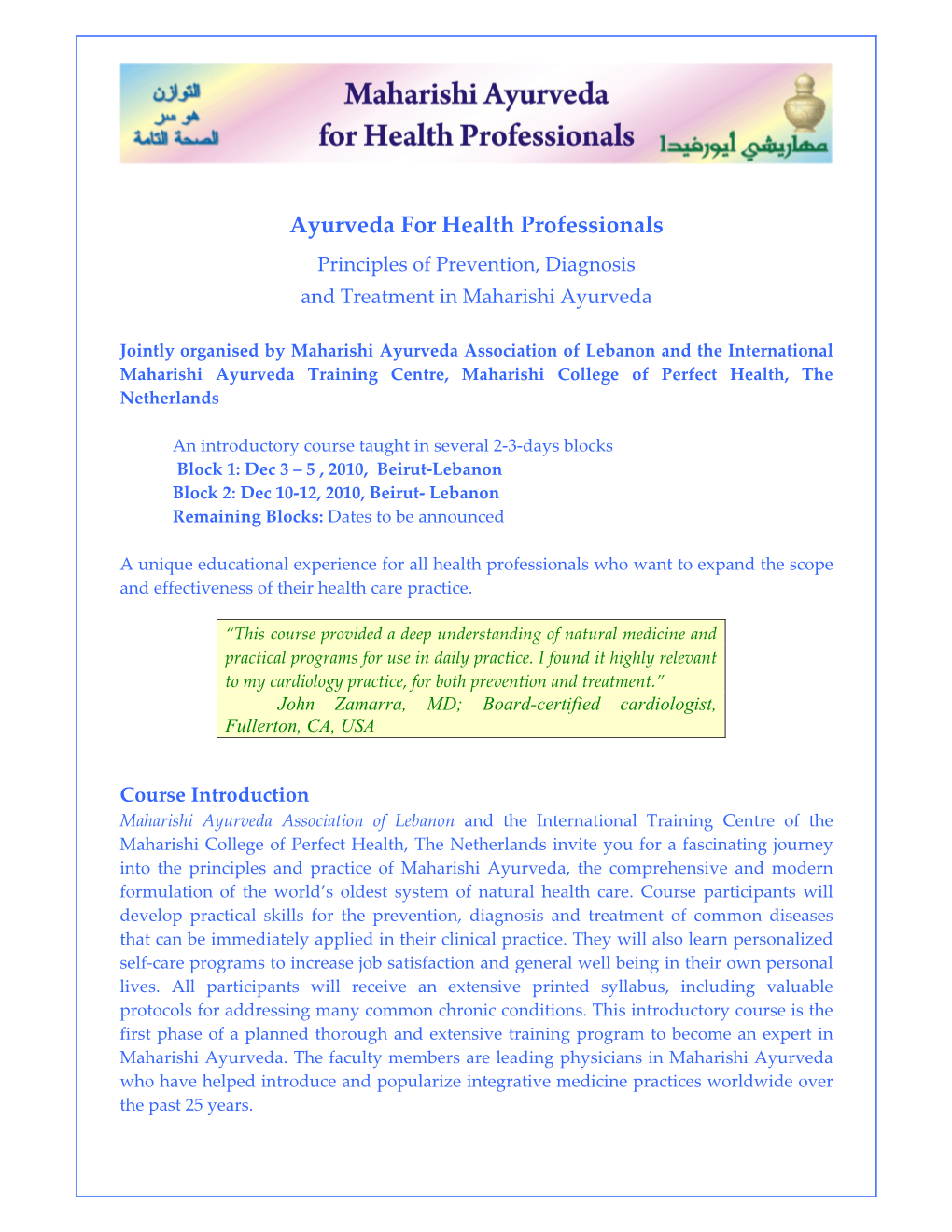 Ayurveda for Health Professionals Principles of Prevention, Diagnosis and Treatment in Maharishi Ayurveda