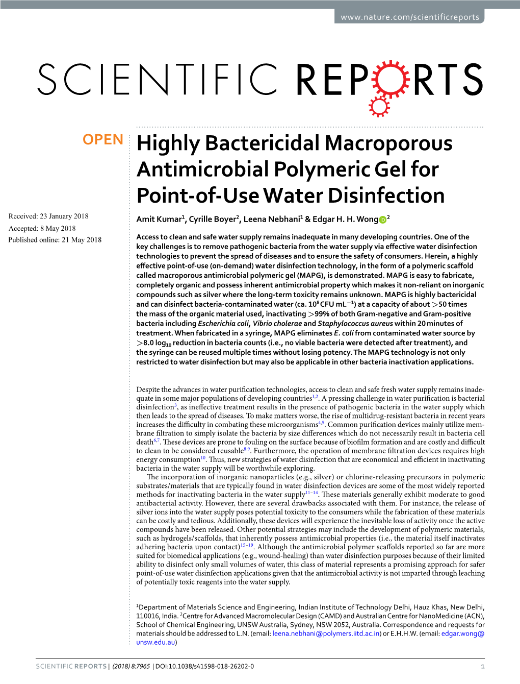 Highly Bactericidal Macroporous Antimicrobial Polymeric Gel for Point-Of-Use Water Disinfection