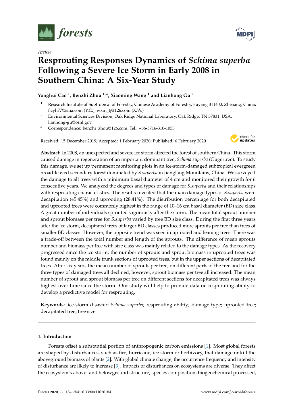 Resprouting Responses Dynamics of Schima Superba Following a Severe Ice Storm in Early 2008 in Southern China: a Six-Year Study