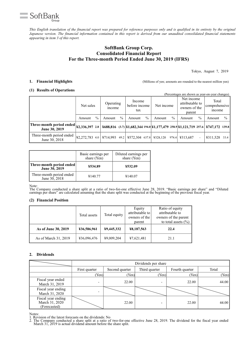 Consolidated Financial Report for the Three-Month Period Ended June 30, 2019 (IFRS)