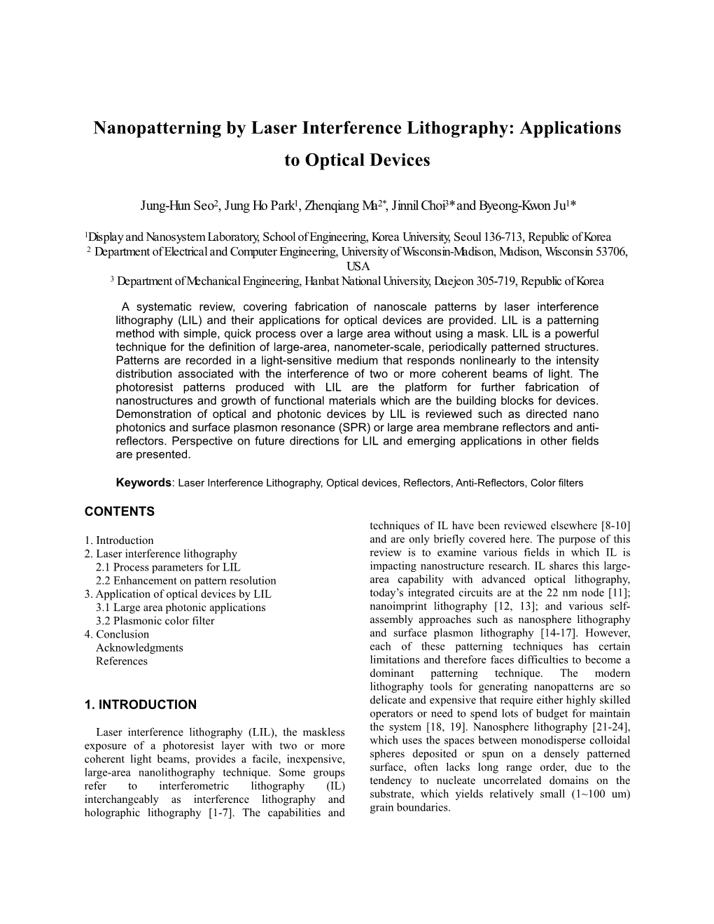 Nanopatterning by Laser Interference Lithography: Applications to Optical Devices