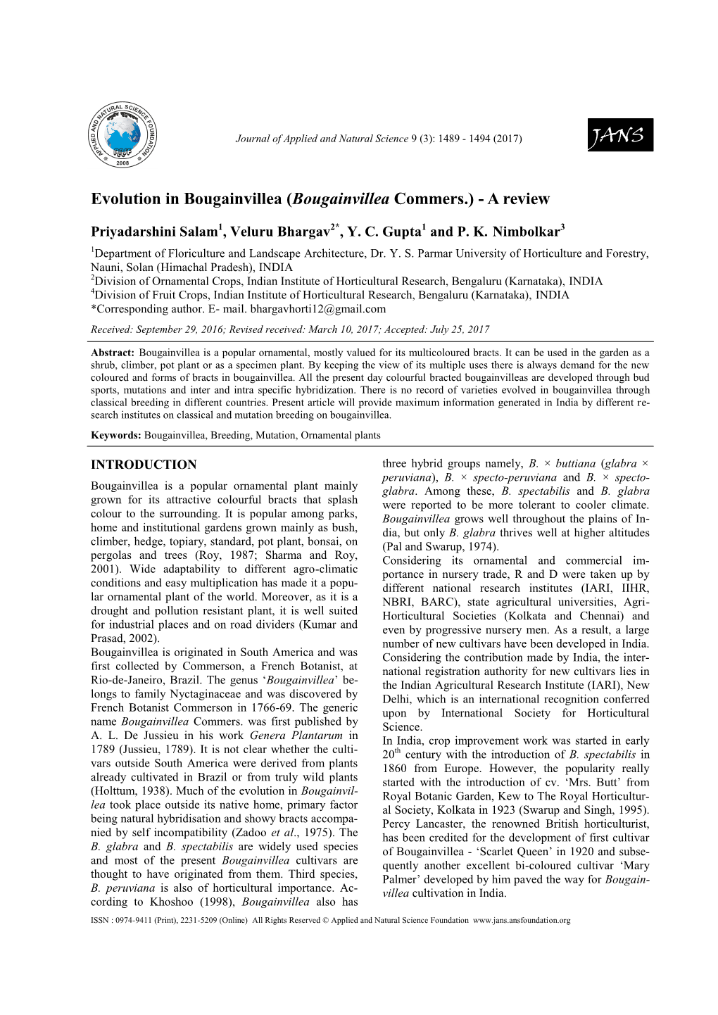 Evolution in Bougainvillea (Bougainvillea Commers.) - a Review