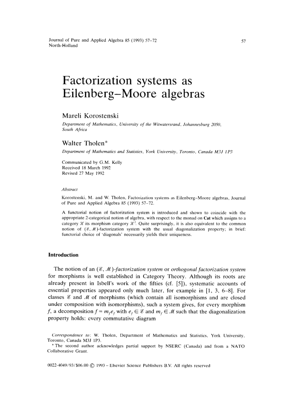 Factorization Systems As Eilenberg-Moore Algebras
