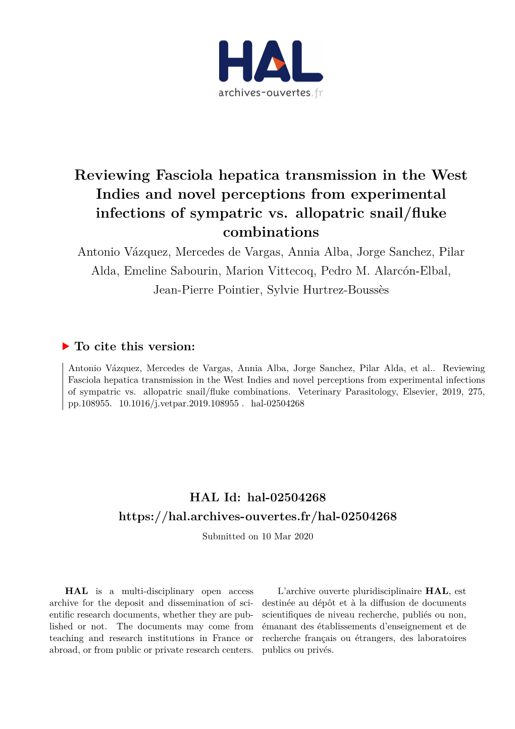 Reviewing Fasciola Hepatica Transmission in the West Indies and Novel Perceptions from Experimental Infections of Sympatric Vs