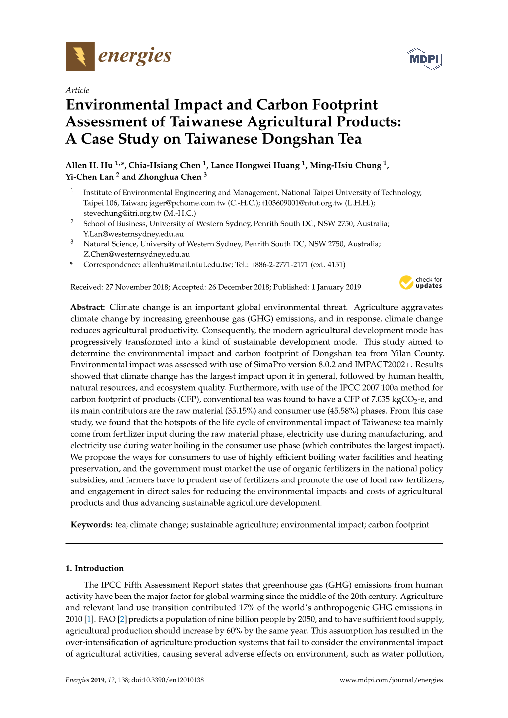 Environmental Impact and Carbon Footprint Assessment of Taiwanese Agricultural Products: a Case Study on Taiwanese Dongshan Tea