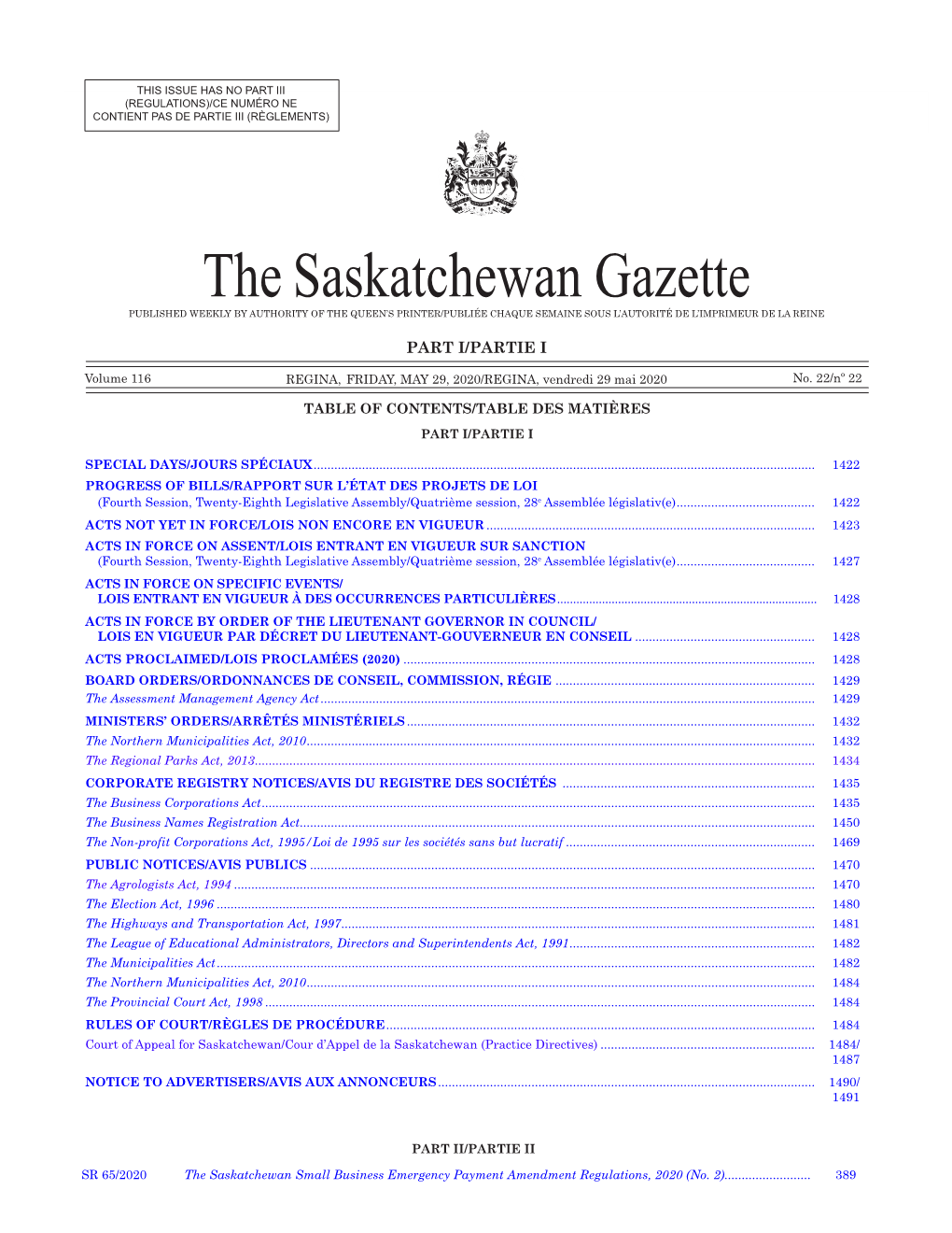 1421 the SASKATCHEWAN GAZETTE, 29 Mai 2020