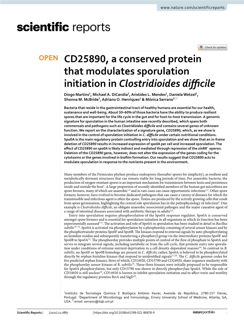CD25890, a Conserved Protein That Modulates Sporulation Initiation in Clostridioides Difcile Diogo Martins1, Michael A