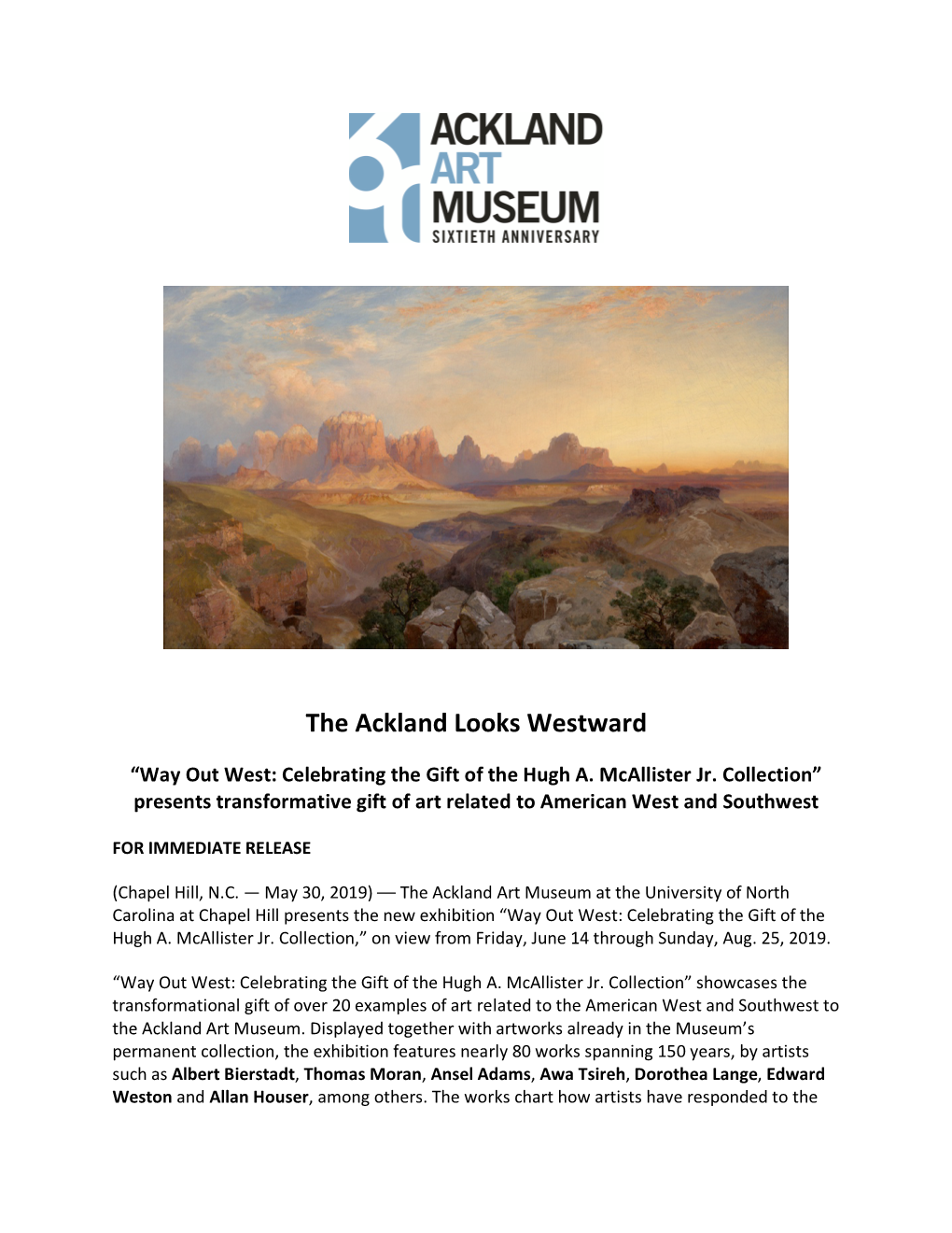 Ackland Art Museum Press Release for Way out West 2019