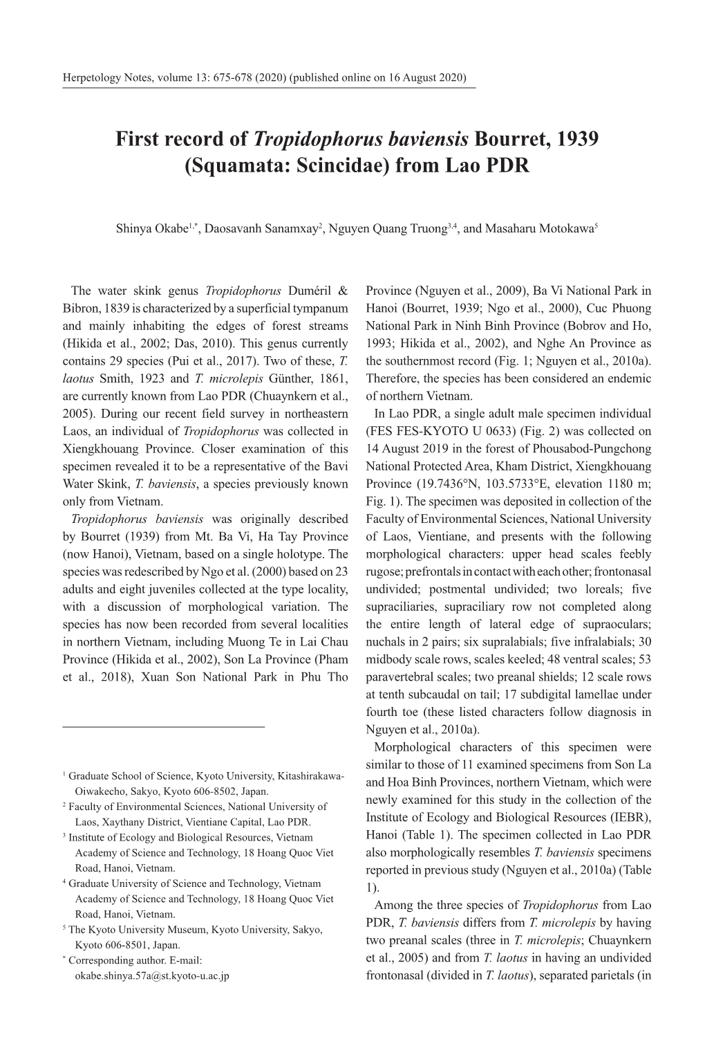 First Record of Tropidophorus Baviensis Bourret, 1939 (Squamata: Scincidae) from Lao PDR