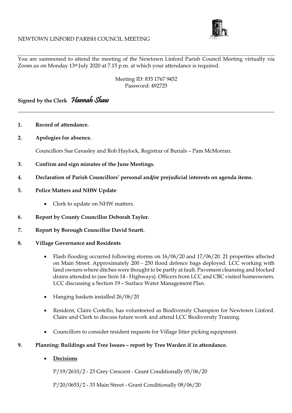 Agenda of the Parish Council Meeting 13Th July 2020