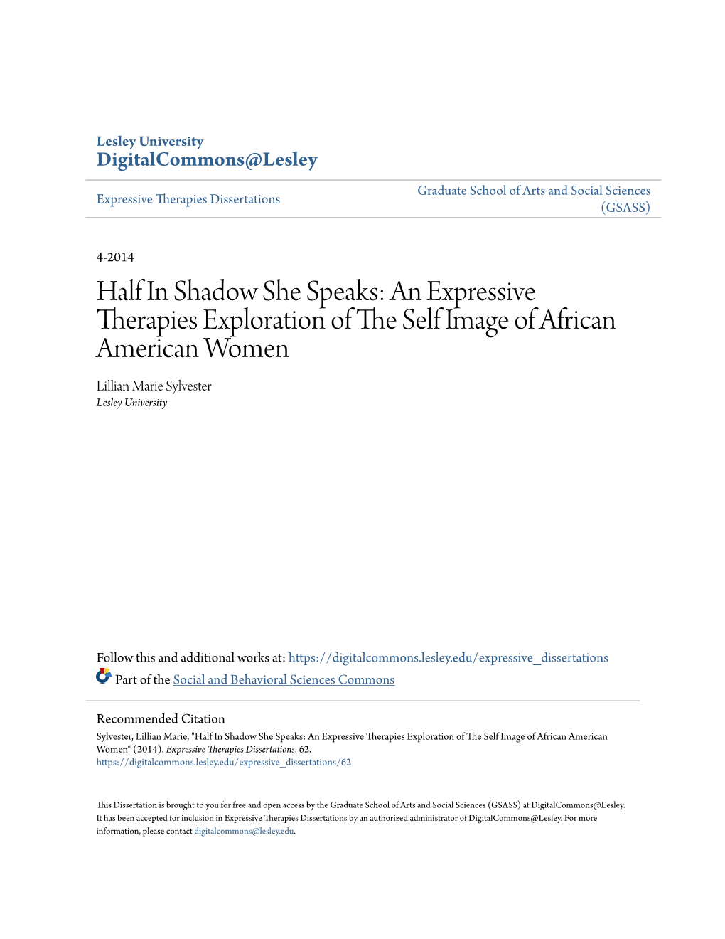 An Expressive Therapies Exploration of the Els F Image of African American Women Lillian Marie Sylvester Lesley University