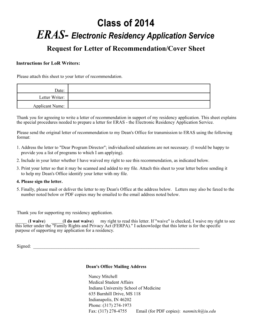 ERAS- Electronic Residency Application Se/Vice Request for Letter of Recommendation/Cover Sheet