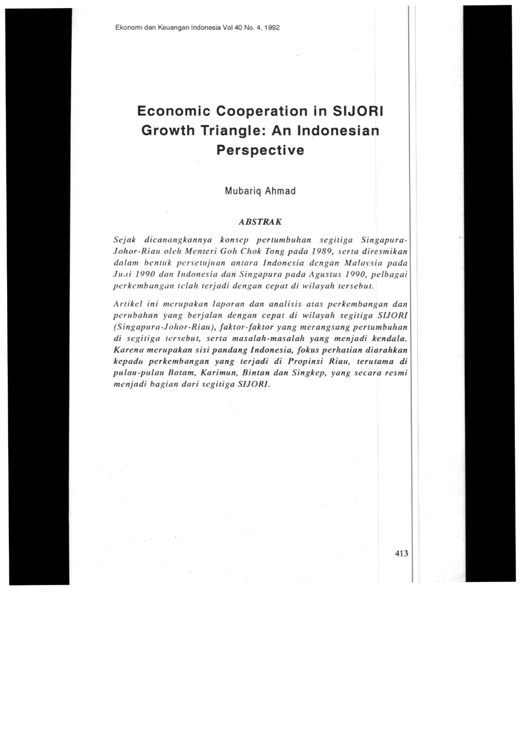 Economic Cooperation in SIJORI Growth Triangle: an Indonesian Perspective