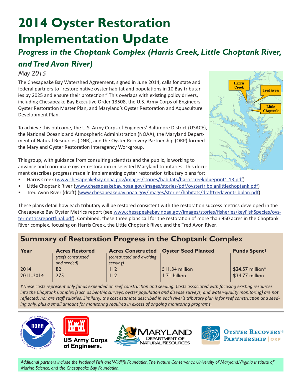 2014 Oyster Restoration Implementation Update