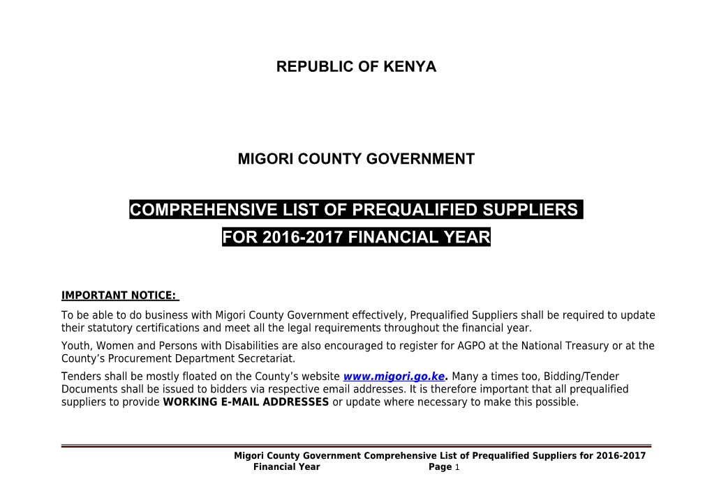 Comprehensive List of Prequalified Suppliers for 2016-2017 Financial Year.	Page