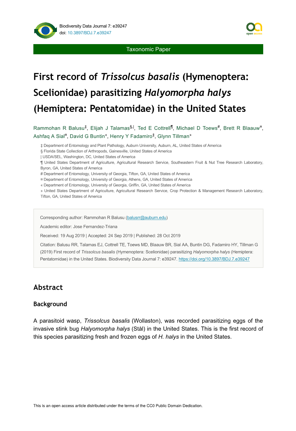First Record of Trissolcus Basalis (Hymenoptera: Scelionidae) Parasitizing Halyomorpha Halys (Hemiptera: Pentatomidae) in the United States