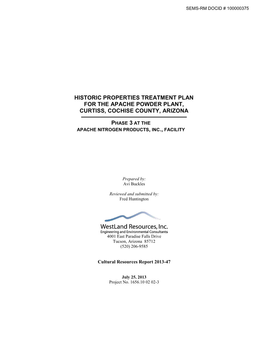 Historic Properties Treatment Plan for Apache Powder Plant, Curtiss