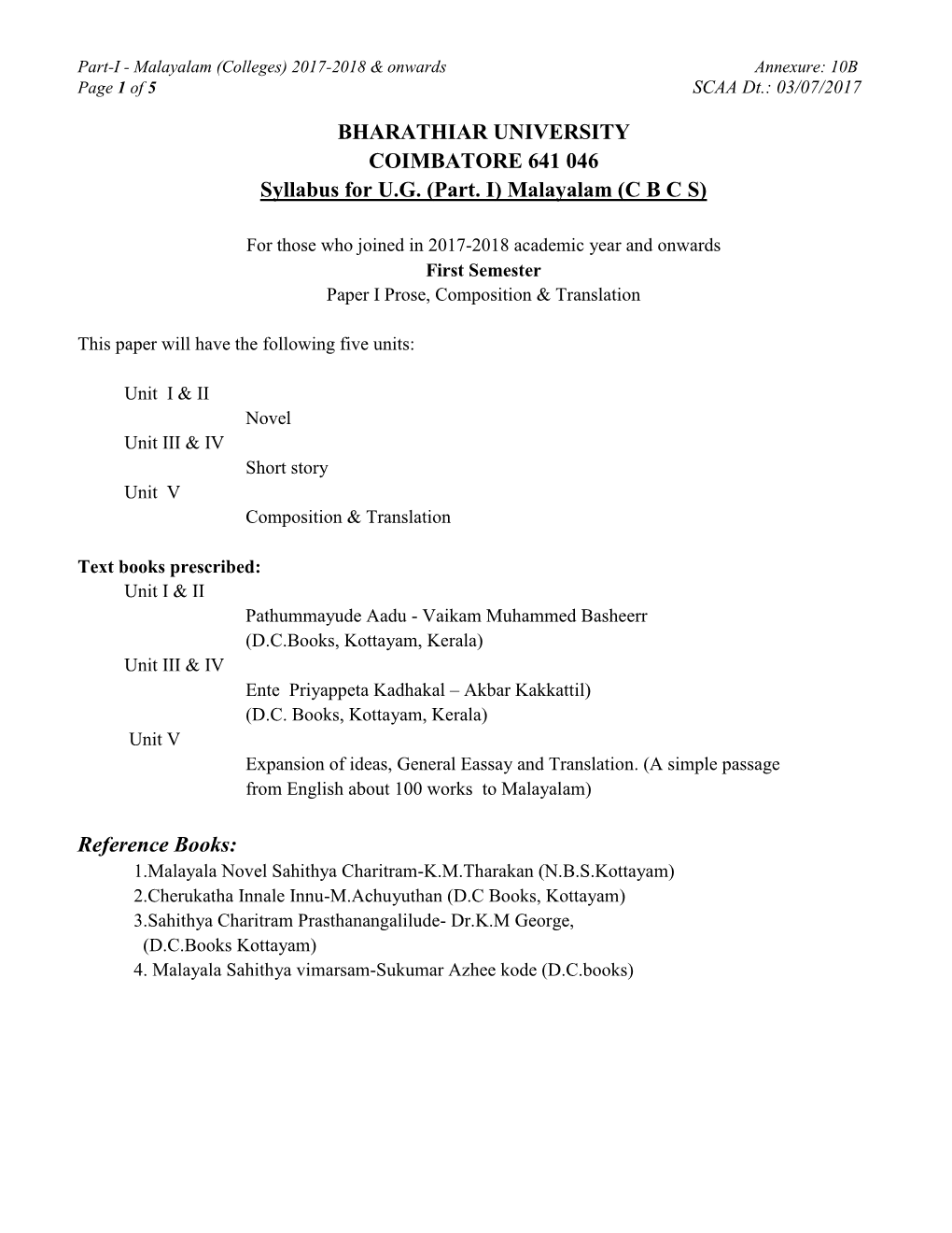 Malayalam (Colleges) 2017-2018 & Onwards Annexure: 10B Page 1 of 5 SCAA Dt.: 03/07/2017