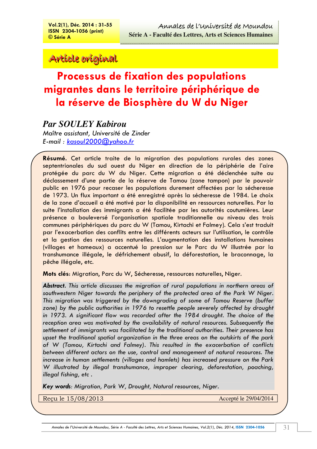 Processus De Fixation Des Populations Migrantes Dans Le Territoire Périphérique De La Réserve De Biosphère Du W Du Niger