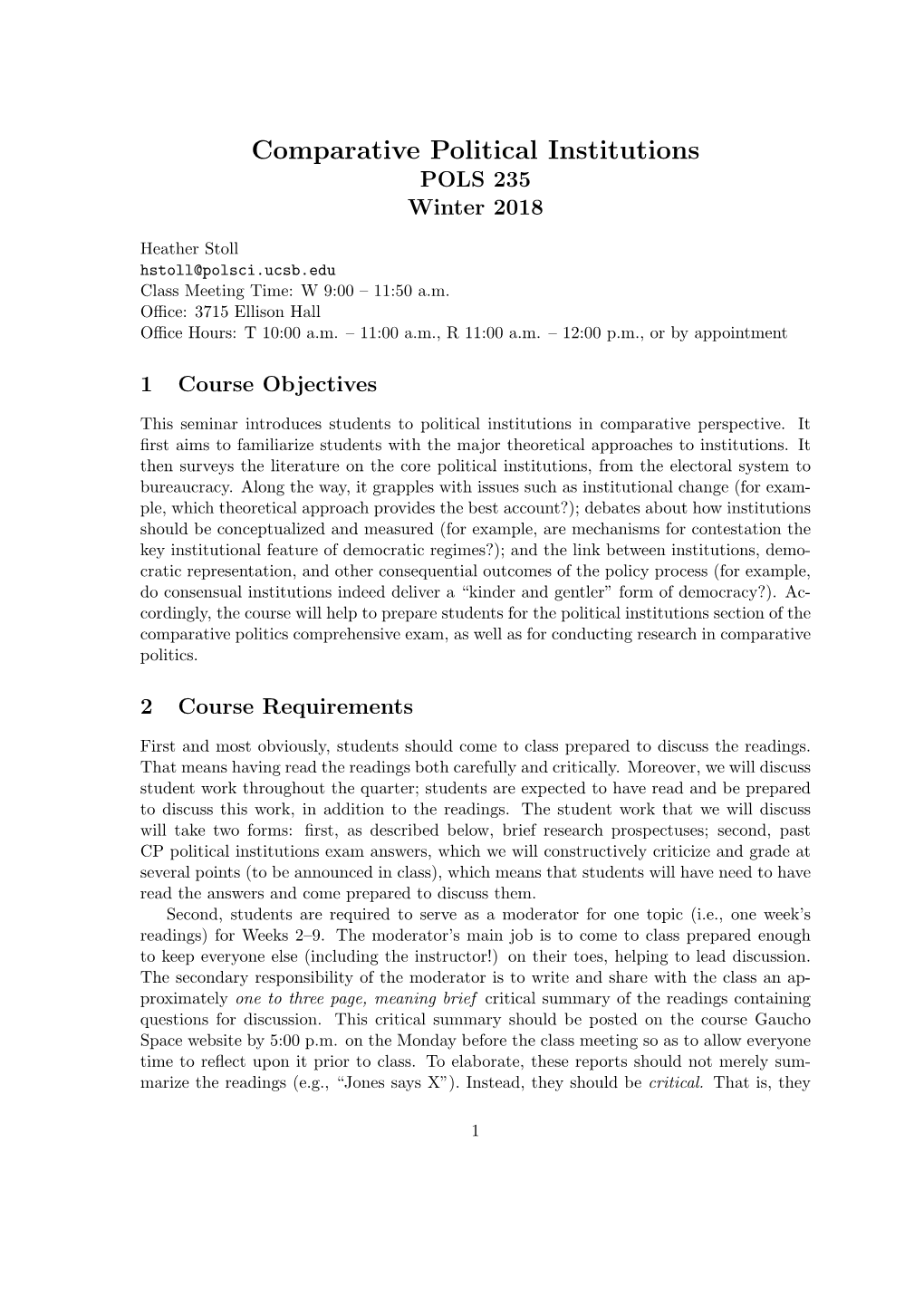 Comparative Political Institutions POLS 235 Winter 2018