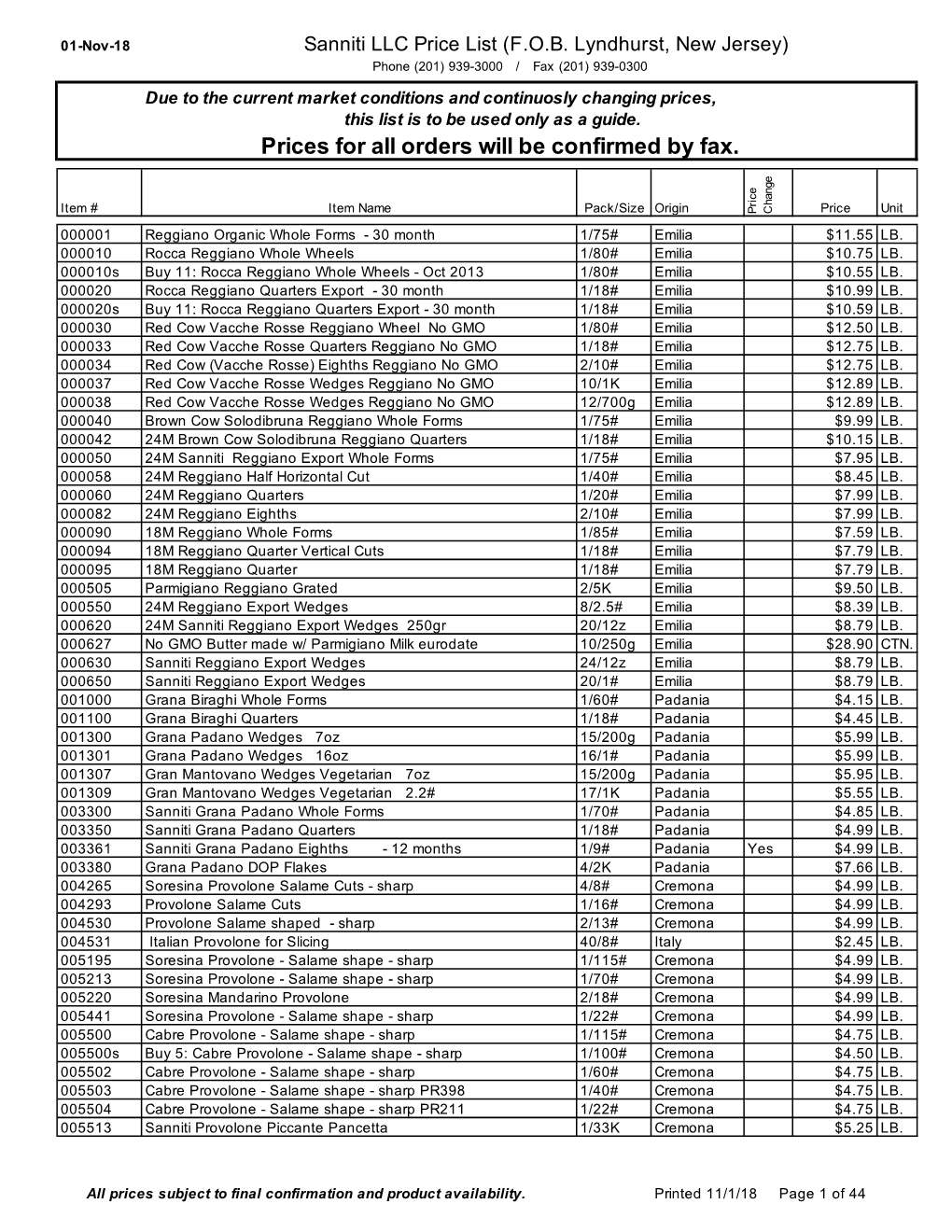 11-01-18 Sanniti Price List