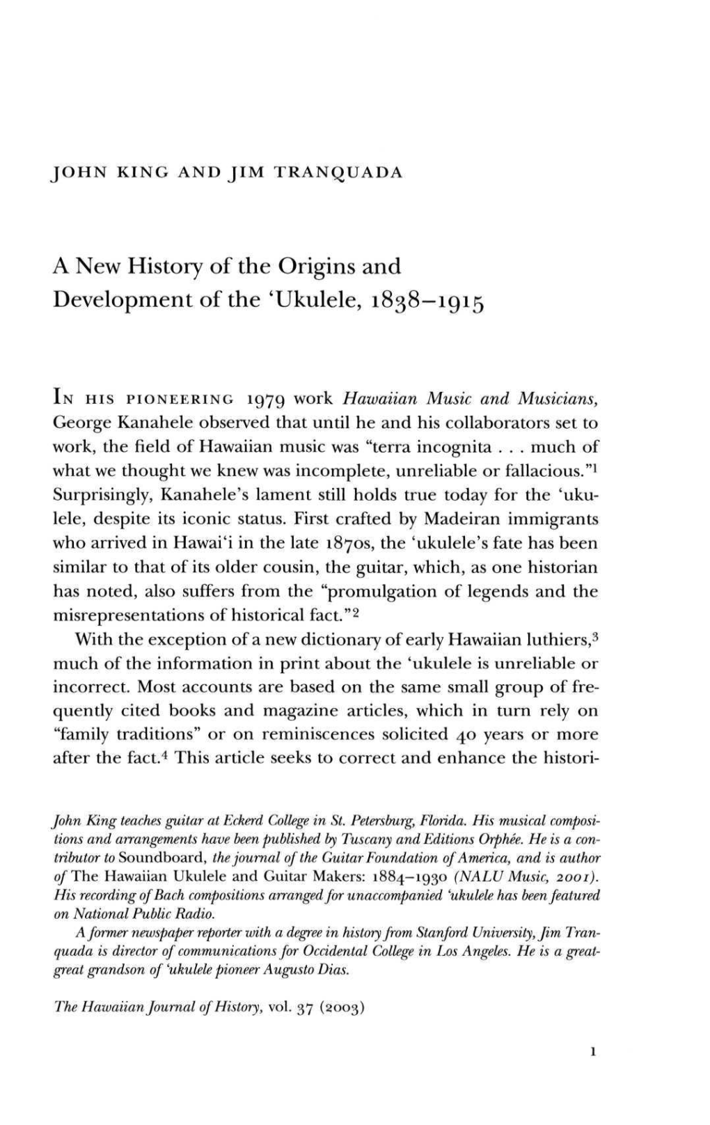 A New History of the Origins and Development of the 'Ukulele, 1838—1915