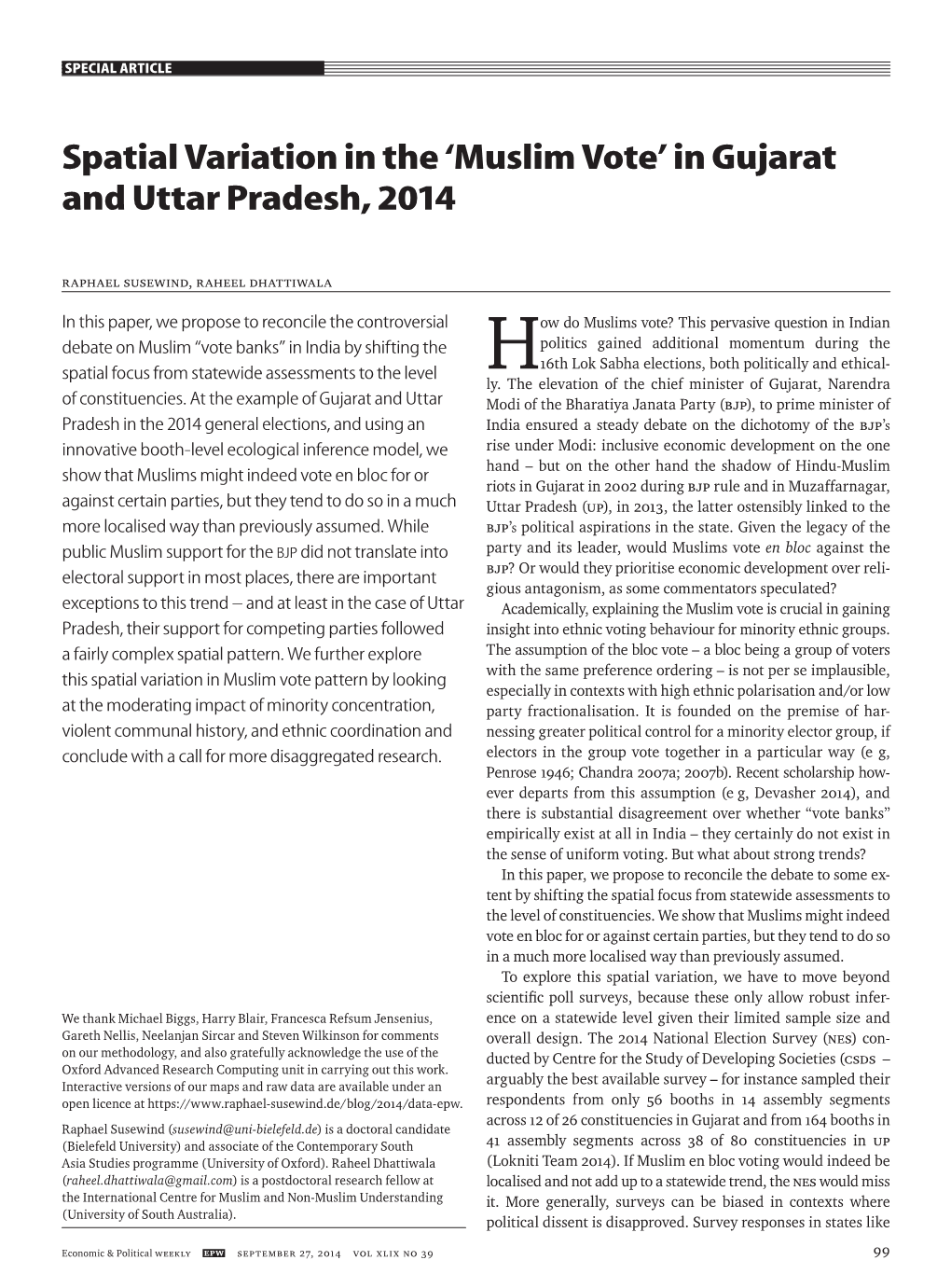 Spatial Variation in the 'Muslim Vote' in Gujarat and Uttar Pradesh, 2014