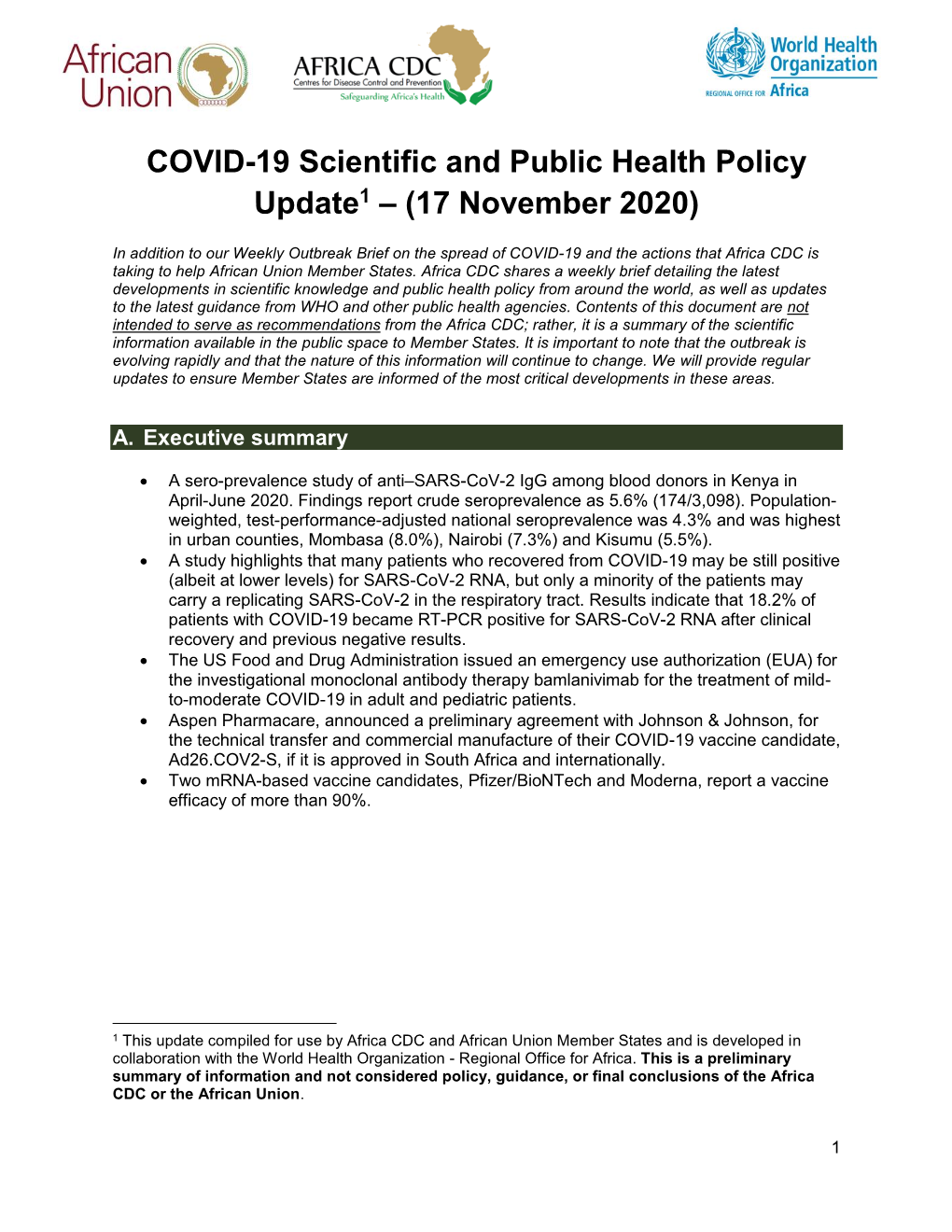 COVID-19 Scientific and Public Health Policy Update1 – (17 November 2020)