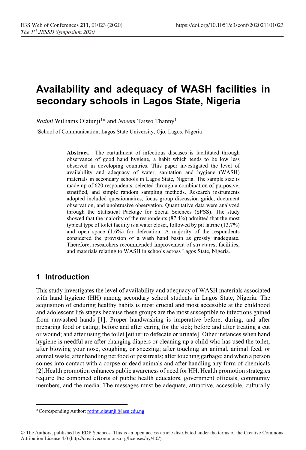 Availability and Adequacy of WASH Facilities in Secondary Schools in Lagos State, Nigeria