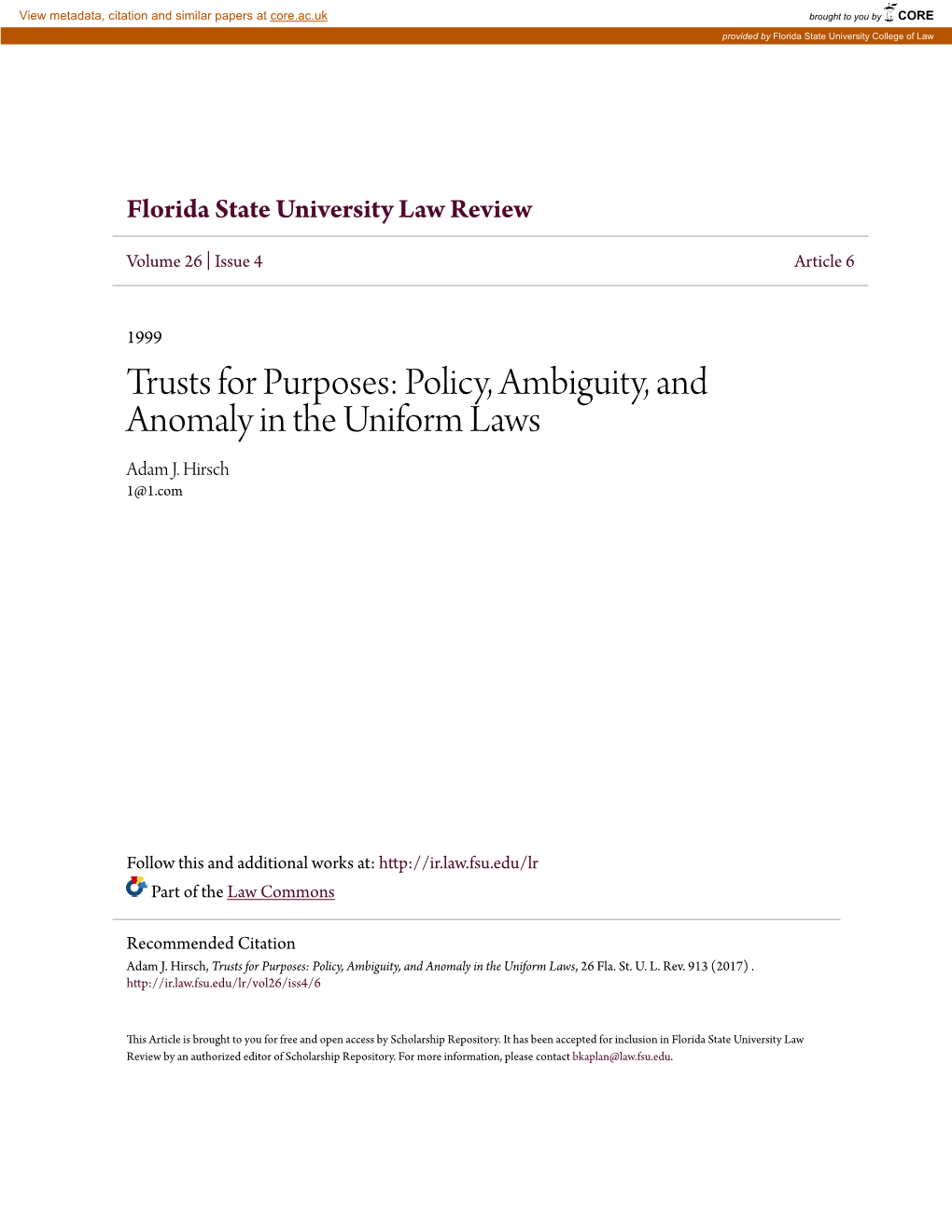 Trusts for Purposes: Policy, Ambiguity, and Anomaly in the Uniform Laws Adam J