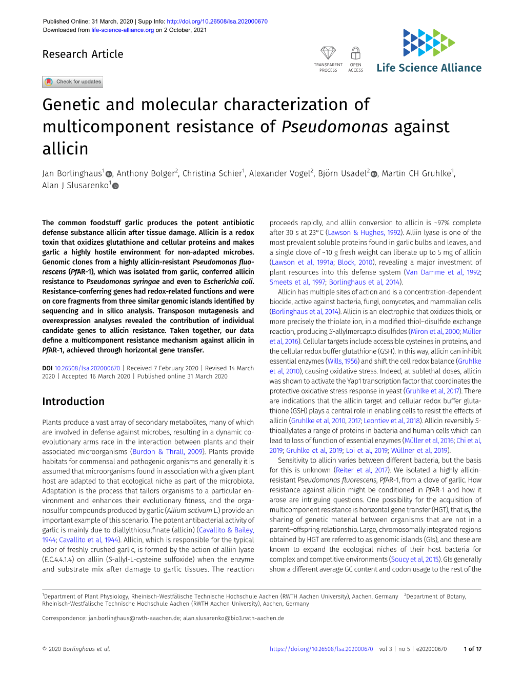 Genetic and Molecular Characterization of Multicomponent Resistance of Pseudomonas Against Allicin