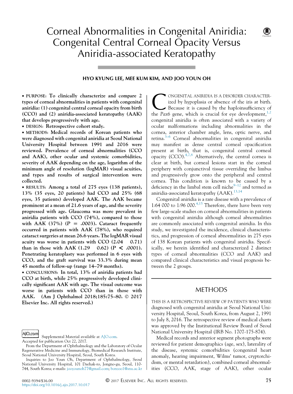 Corneal Abnormalities in Congenital Aniridia: Congenital Central Corneal Opacity Versus Aniridia-Associated Keratopathy