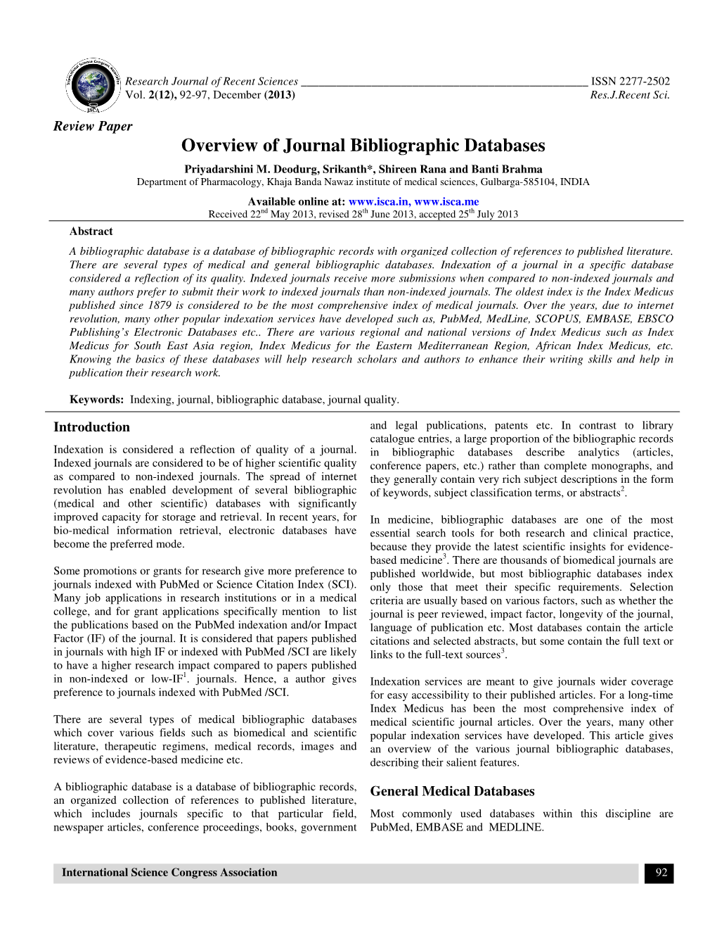 Overview of Journal Bibliographic Databases