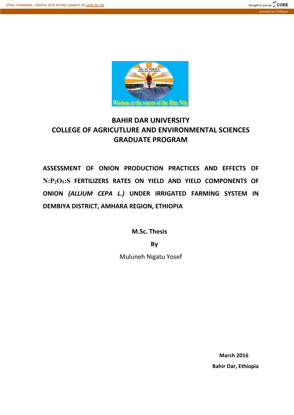 Bahir Dar University College of Agricutlure and Environmental Sciences Graduate Program