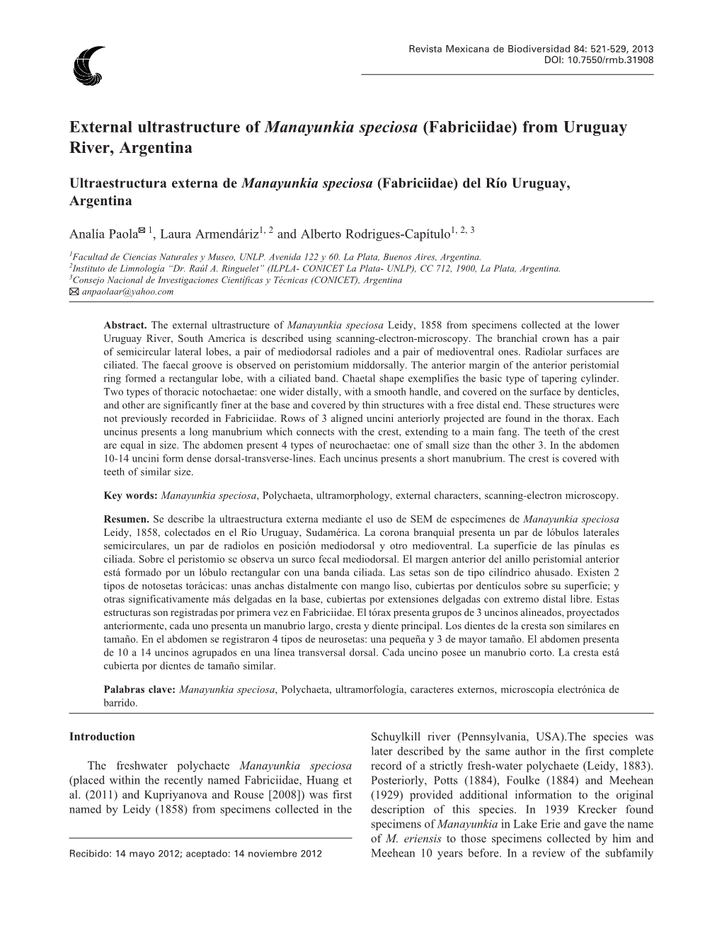 External Ultrastructure of Manayunkia Speciosa (Fabriciidae) from Uruguay River, Argentina