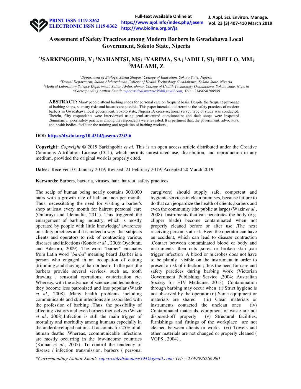 Assessment of Safety Practices Among Modern Barbers in Gwadabawa Local Government, Sokoto State, Nigeria