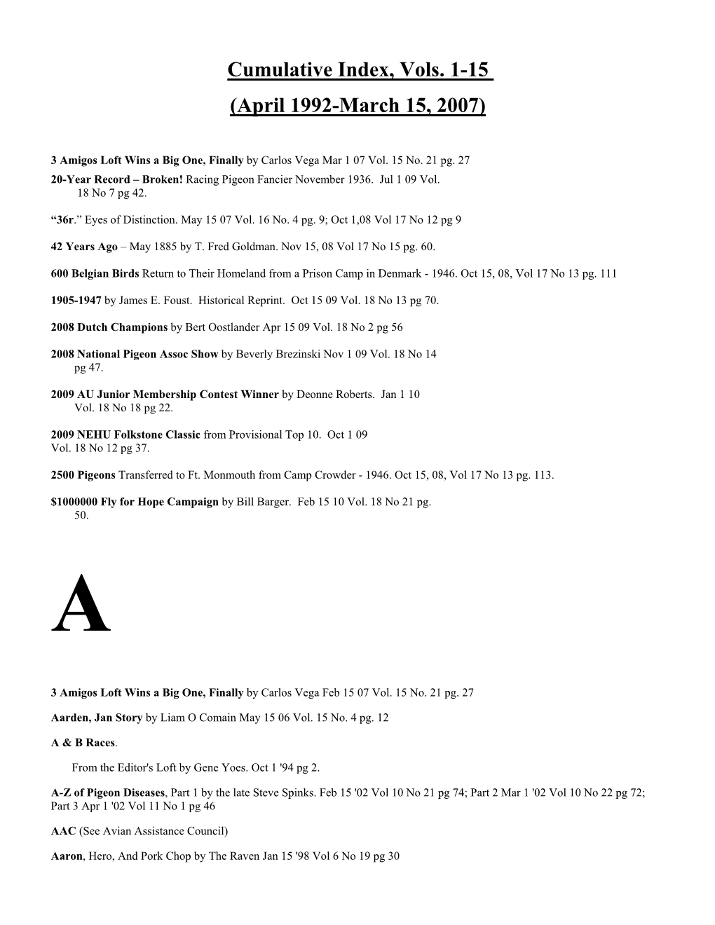 Cumulative Index, Vols. 1-15 (April 1992-March 15, 2007)