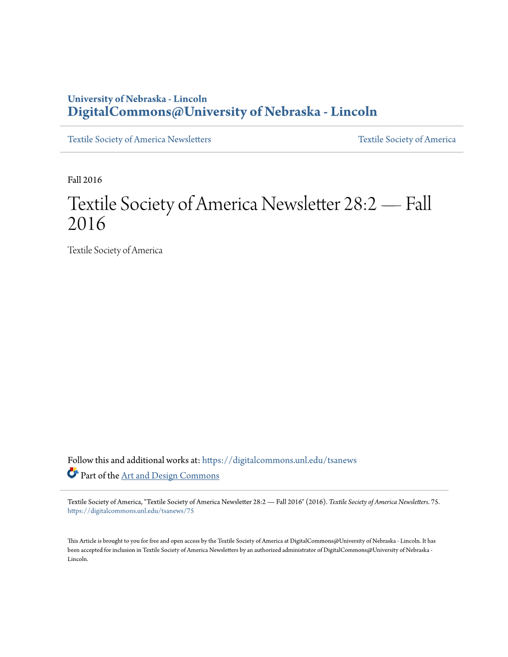 Textile Society of America Newsletter 28:2 — Fall 2016 Textile Society of America