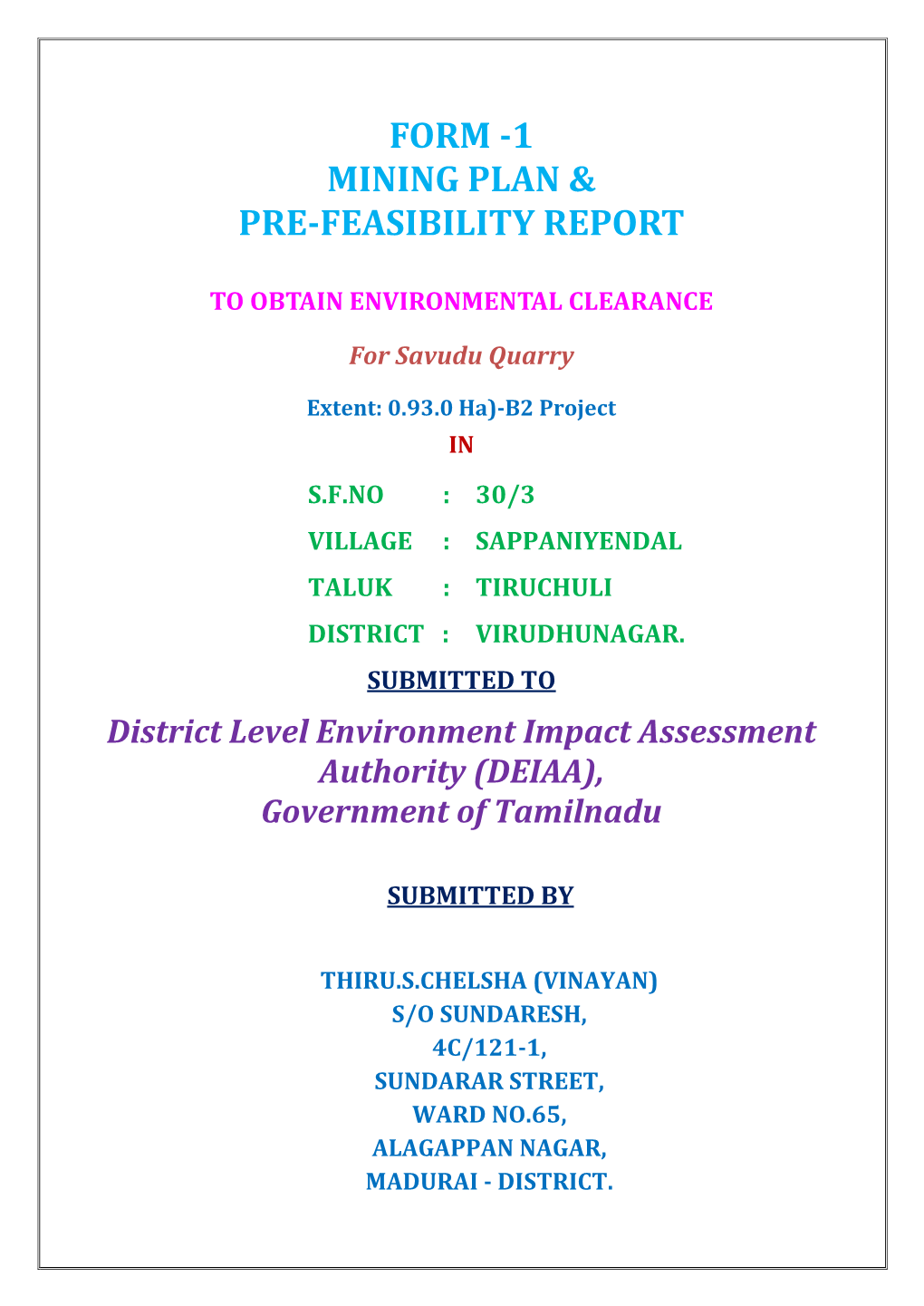 Form -1 Mining Plan & Pre-Feasibility Report