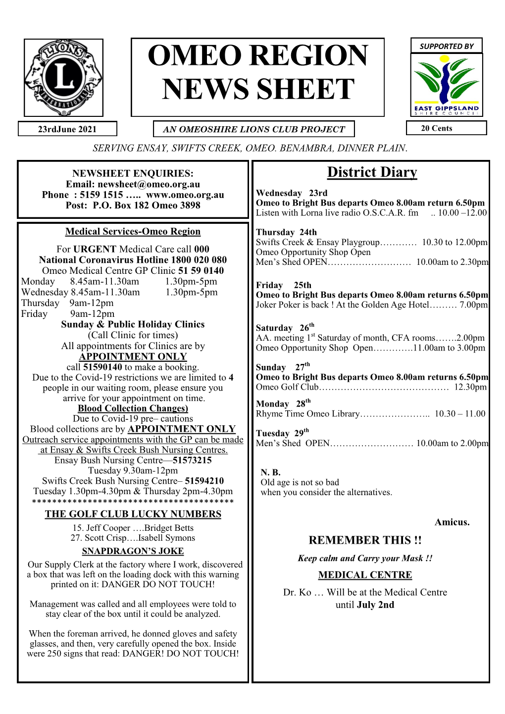 Omeo Region News Sheet