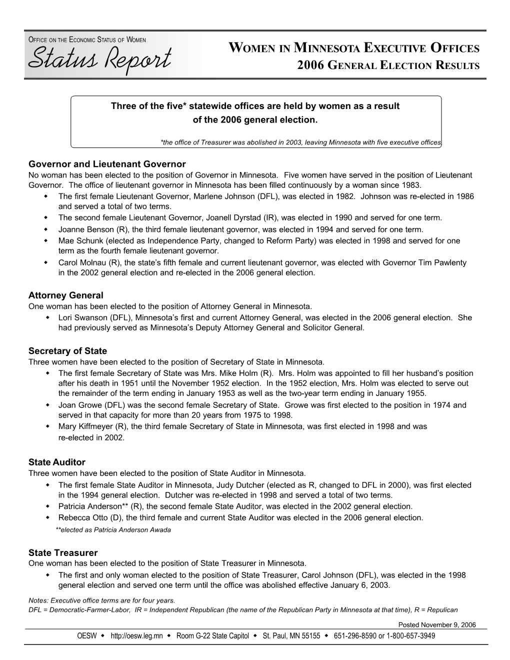 Women in Minnesota Executive Offices, 2006 General Election