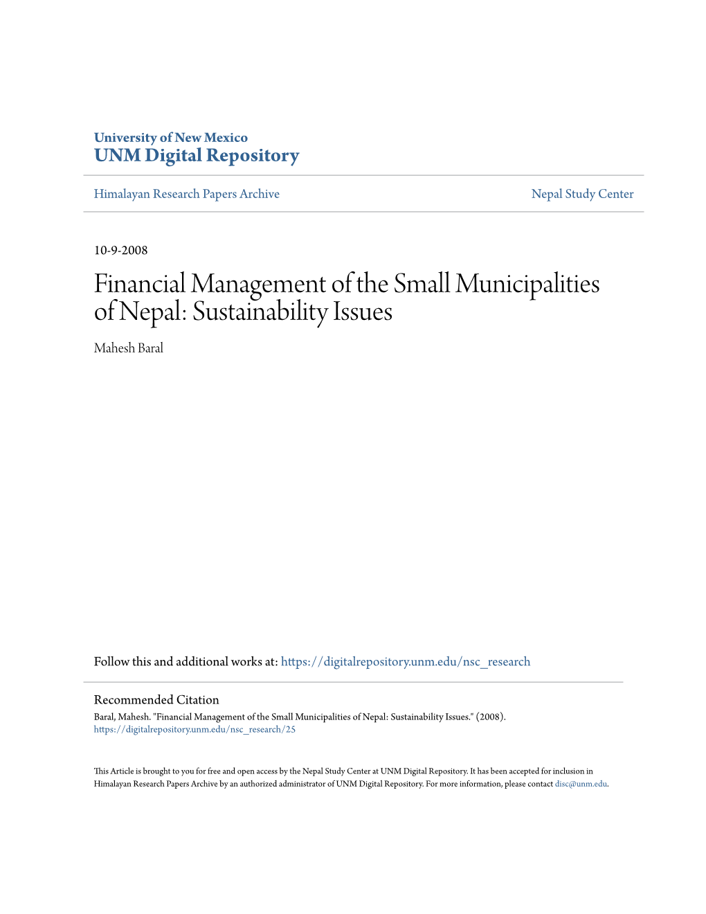 Financial Management of the Small Municipalities of Nepal: Sustainability Issues Mahesh Baral