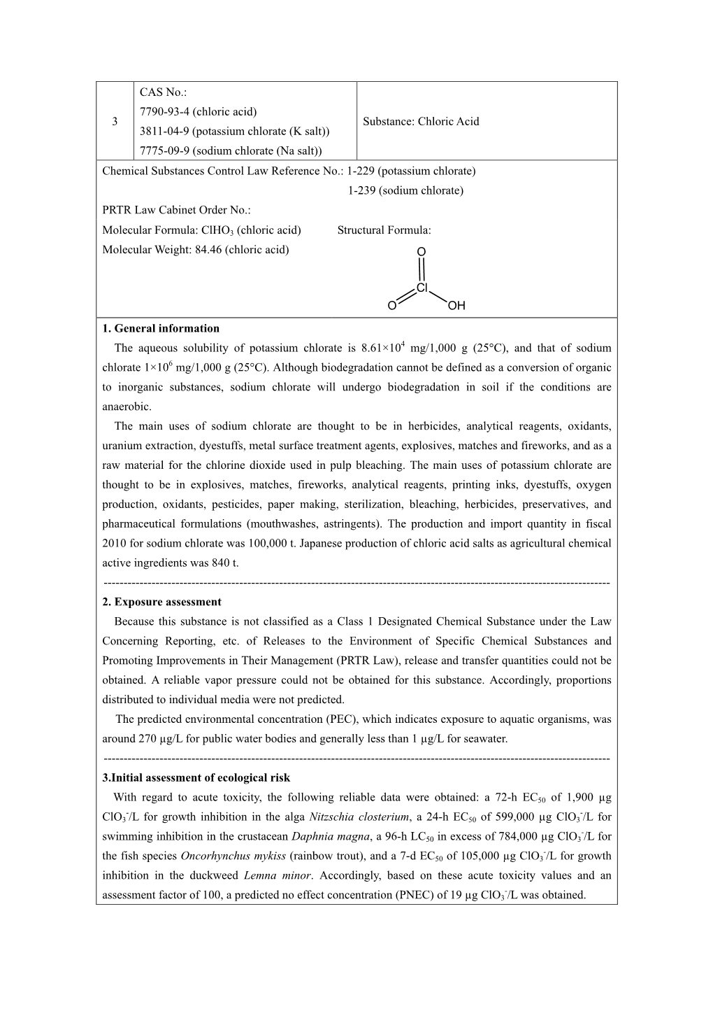 3 CAS No.: 7790-93-4 (Chloric Acid) 3811-04-9 (Potassium Chlorate (K