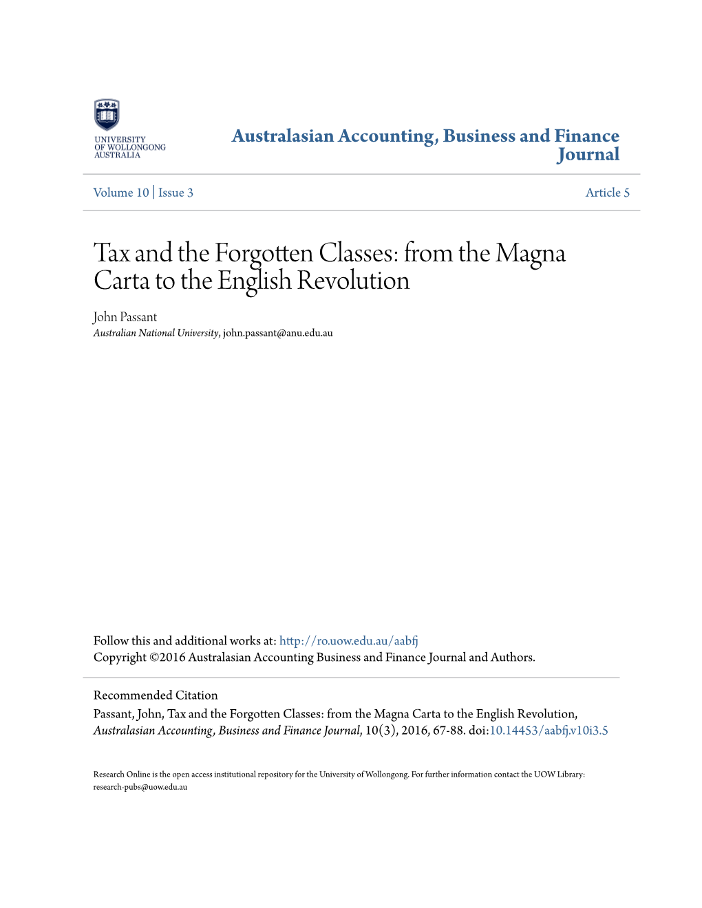 From the Magna Carta to the English Revolution John Passant Australian National University, John.Passant@Anu.Edu.Au