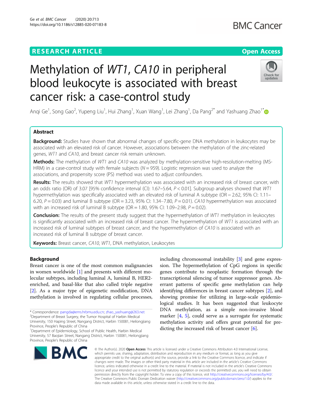 Methylation of WT1, CA10 in Peripheral Blood Leukocyte Is Associated with Breast Cancer Risk