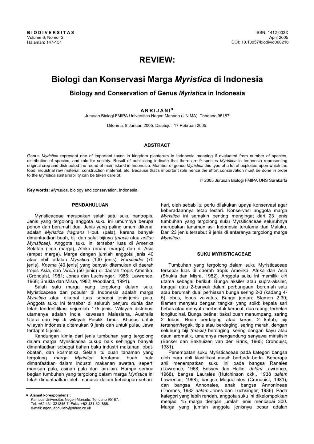 REVIEW: Biologi Dan Konservasi Marga Myristica Di Indonesia