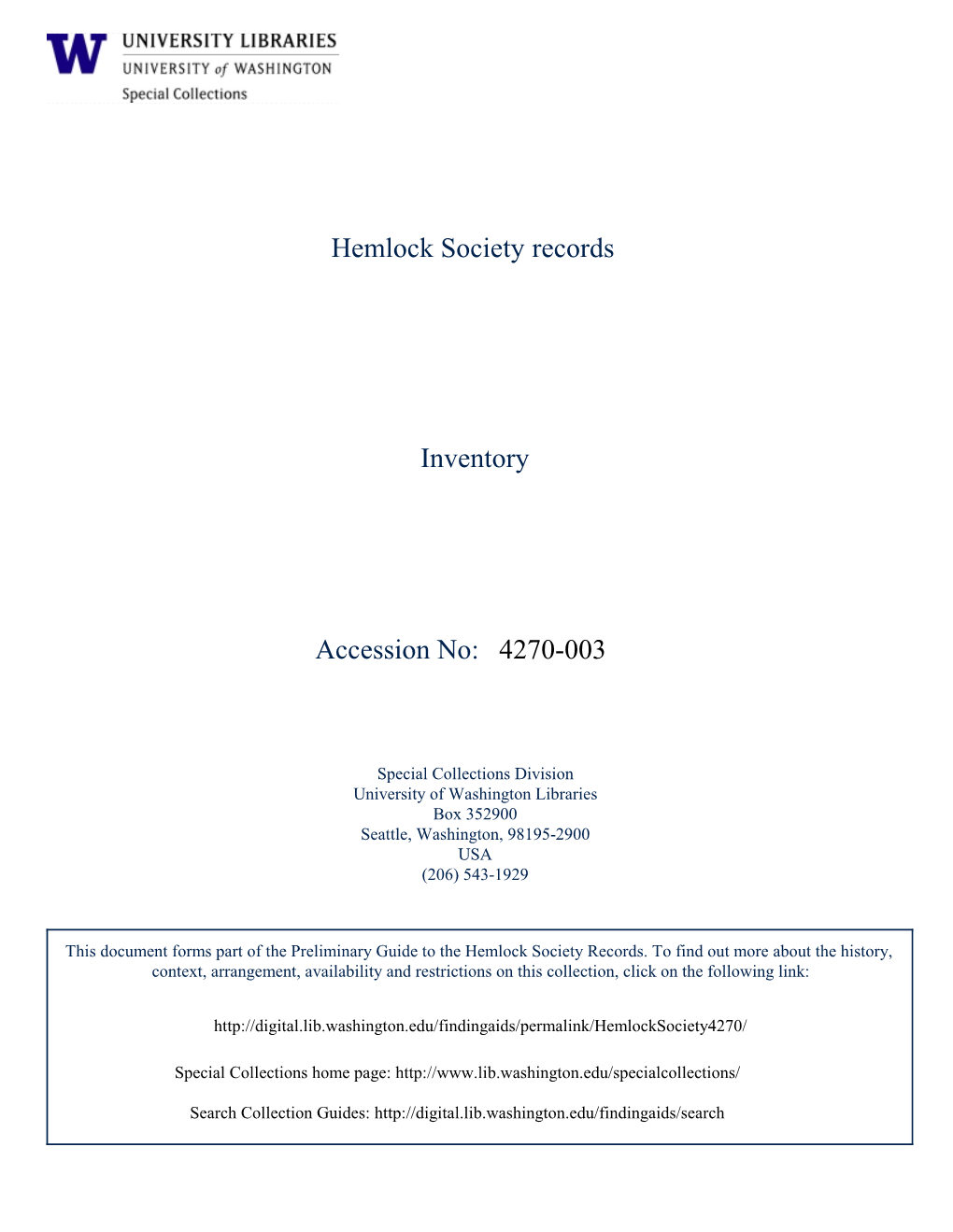 4270-003 Hemlock Society Records Inventory Accession