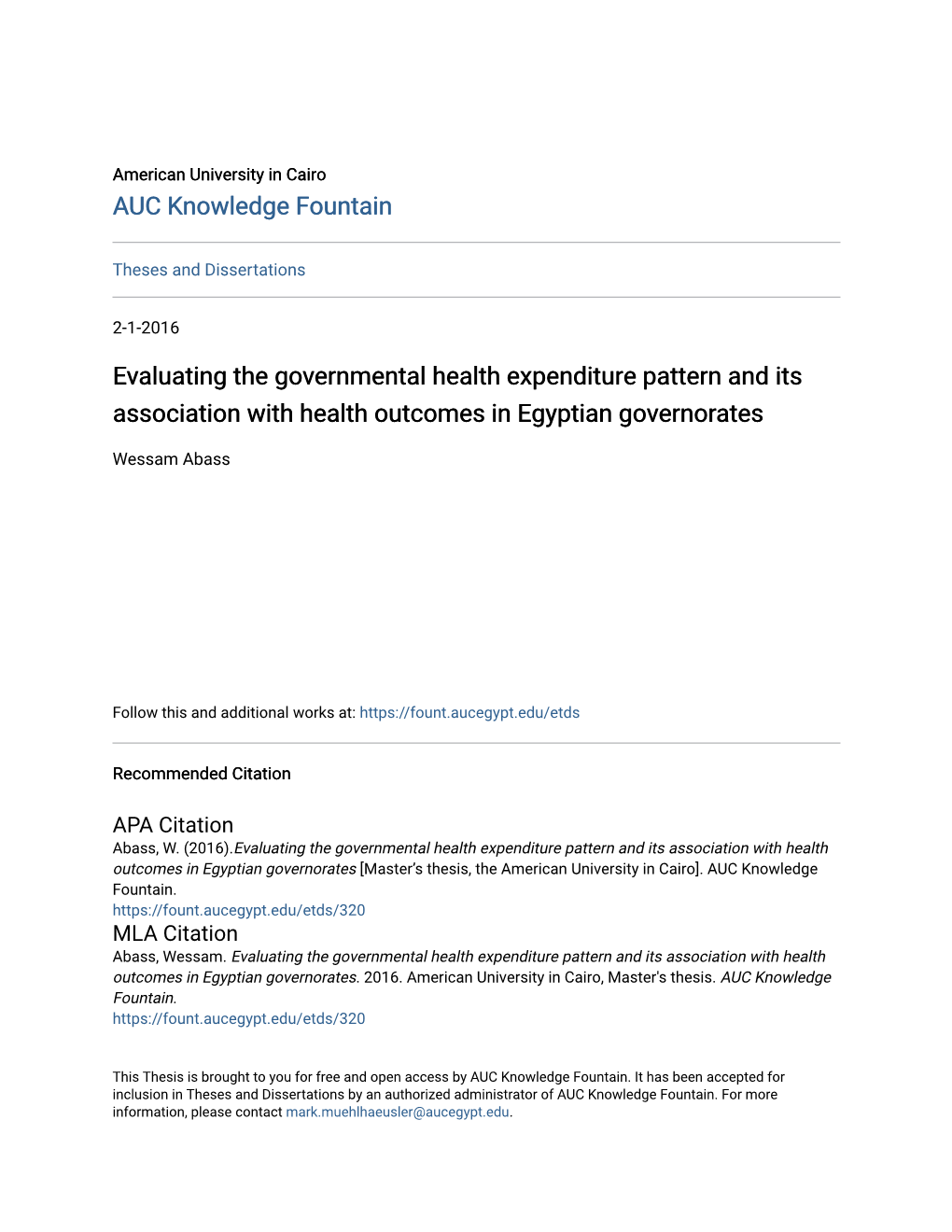 Evaluating the Governmental Health Expenditure Pattern and Its Association with Health Outcomes in Egyptian Governorates