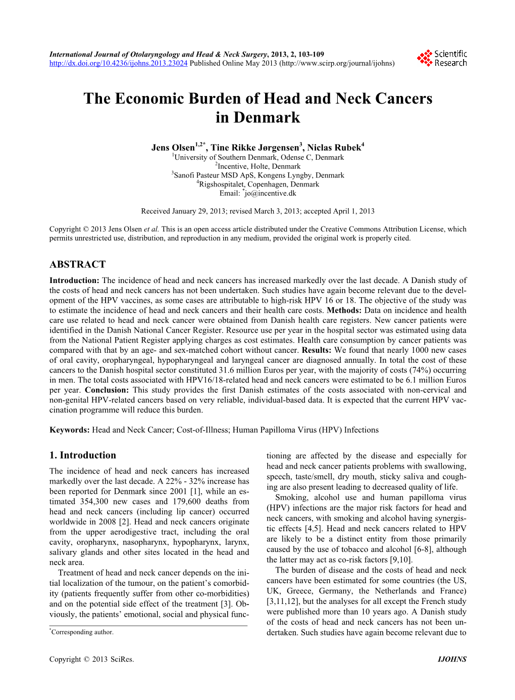 The Economic Burden of Head and Neck Cancers in Denmark